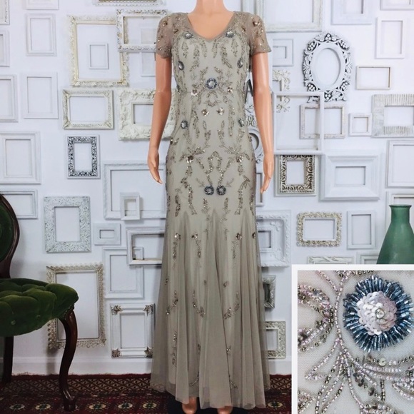 Adrianna Papell Beaded short sleeves V-neck Godet long Gown - Picture 5 of 11